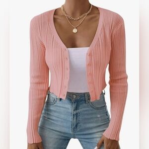 Women's Pink Ribbed Cropped Cardigan Sweater. Med